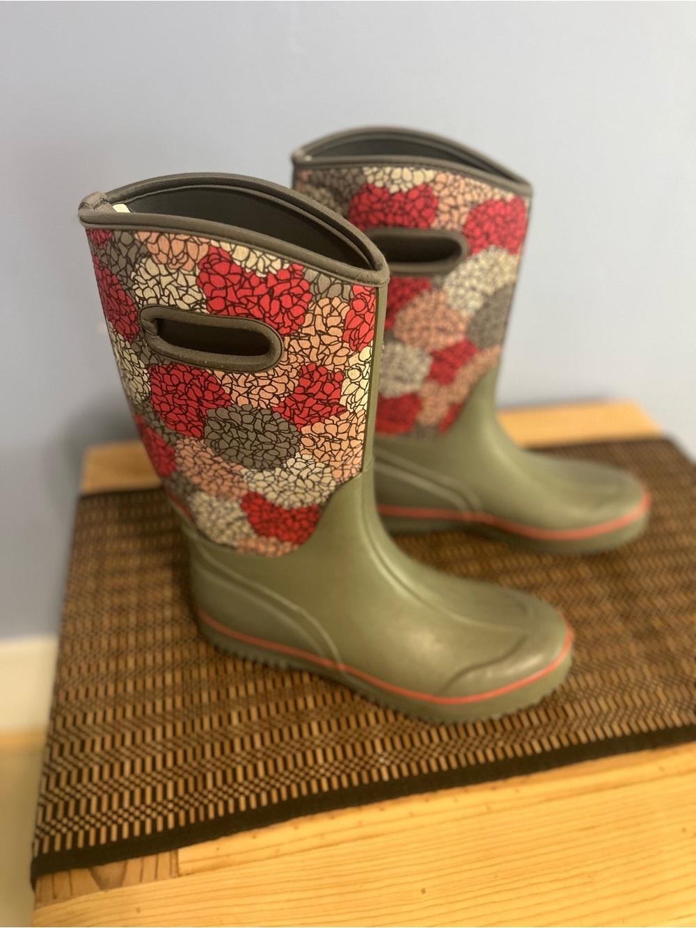 Olive Green Floral-Print Women's Rain Boots